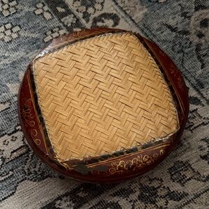 Vintage Chinese Woven Bamboo and Wood Trinket basket 8 inches diameter.